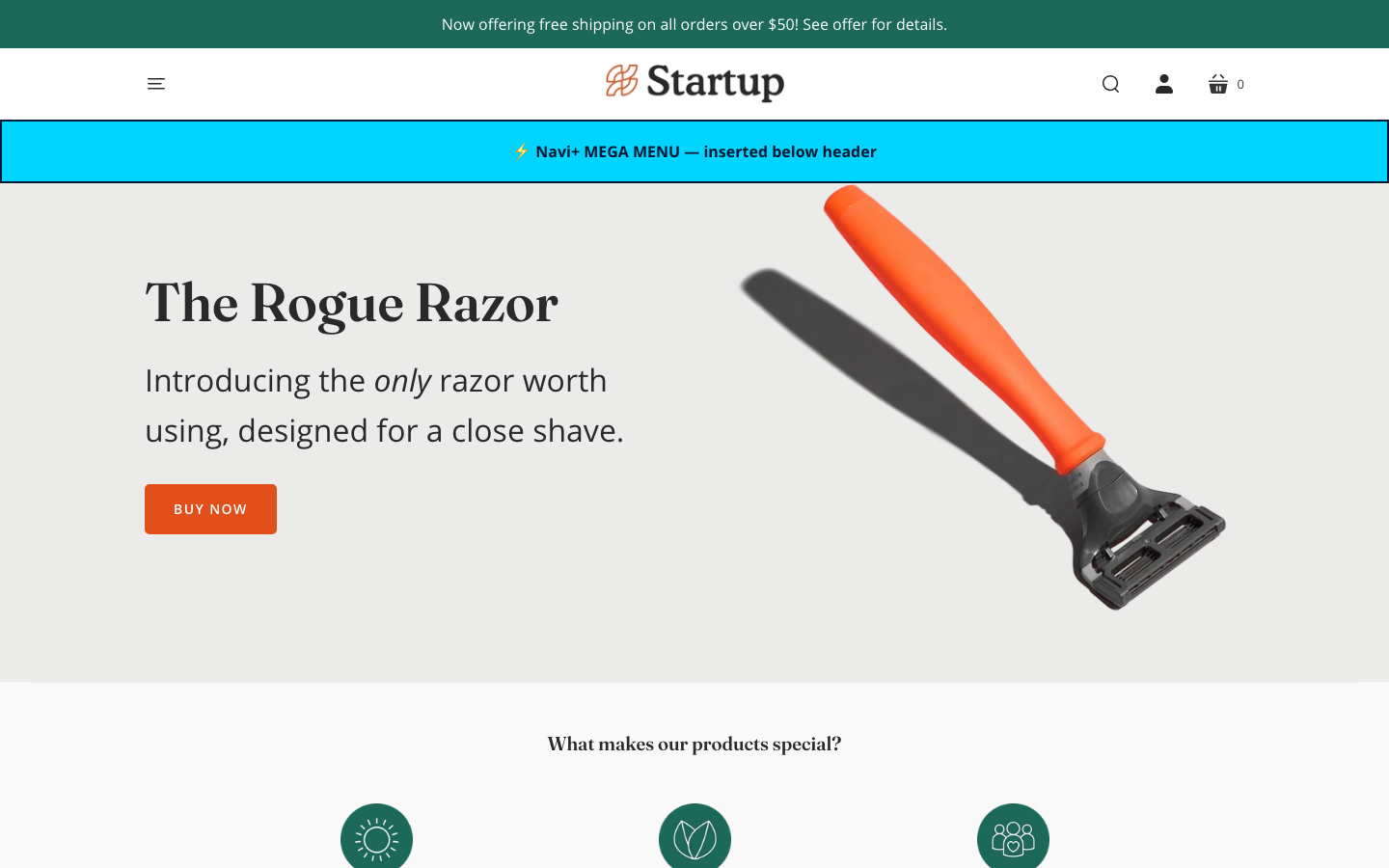 Menu inserted below header — Navi+ on the Startup Shopify theme Menu inserted below header — Navi+ on the Startup Shopify theme