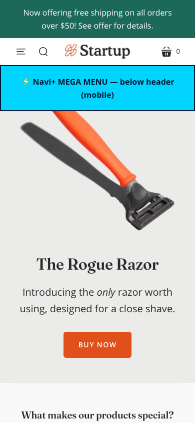 Menu inserted below header — Navi+ on the Startup Shopify theme Menu inserted below header — Navi+ on the Startup Shopify theme