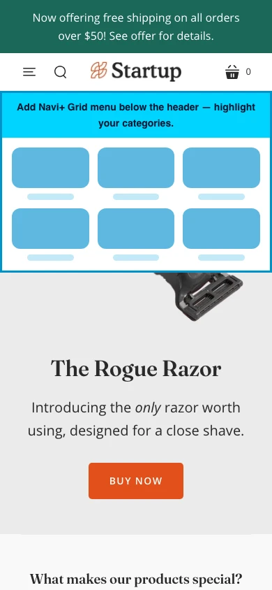Navi+ Grid Menu on the Startup Shopify theme Navi+ Grid Menu on the Startup Shopify theme