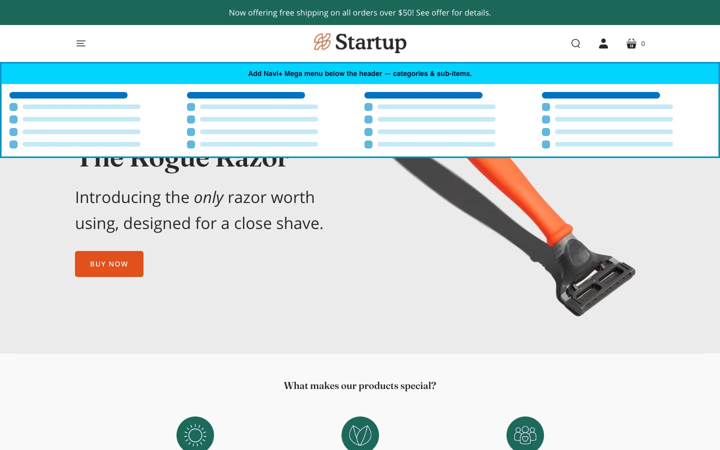 Navi+ Mega Menu inserted below the header on the Startup Shopify theme Navi+ Mega Menu inserted below the header on the Startup Shopify theme
