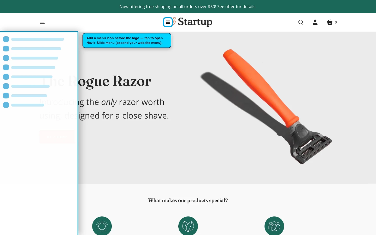 Navi+ trigger icon before the logo on the Startup Shopify theme Navi+ trigger icon before the logo on the Startup Shopify theme