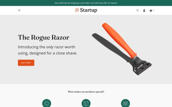 Full-page desktop screenshot of Shopify Startup theme demo store