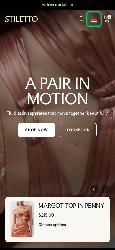 Hamburger → panel opened — Navi+ on the Stiletto Shopify theme Hamburger → panel opened — Navi+ on the Stiletto Shopify theme