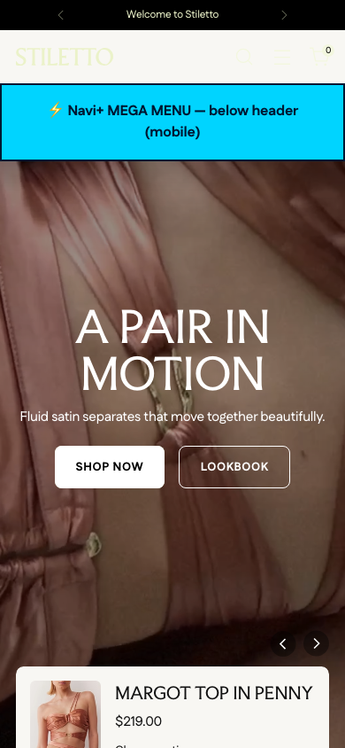 Menu inserted below header — Navi+ on the Stiletto Shopify theme Menu inserted below header — Navi+ on the Stiletto Shopify theme