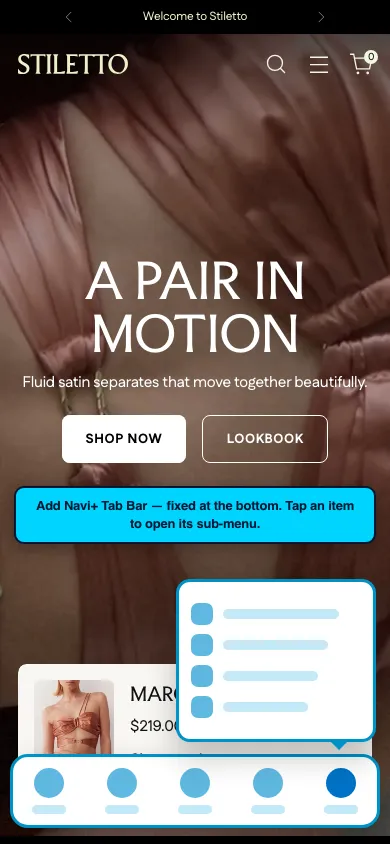 Navi+ Tab Bar on the Stiletto Shopify theme Navi+ Tab Bar on the Stiletto Shopify theme