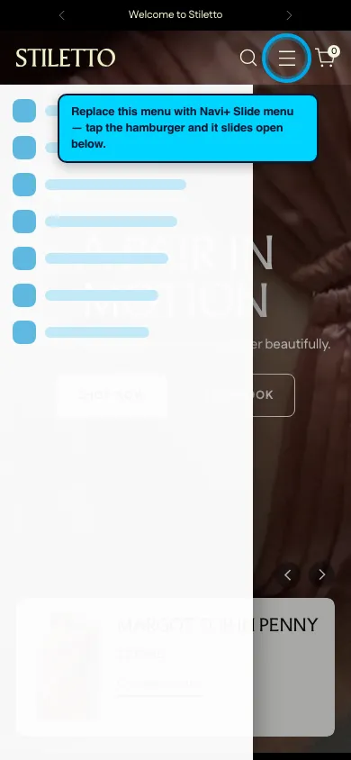 Navi+ Slide Menu on the Stiletto Shopify theme Navi+ Slide Menu on the Stiletto Shopify theme