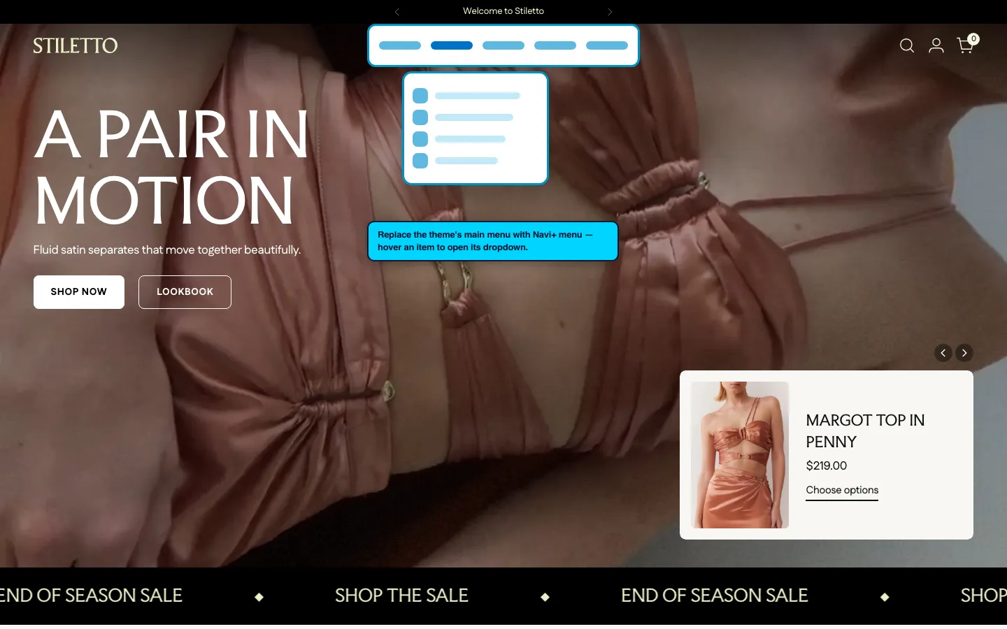 Navi+ Mega Menu replacing the desktop menu on the Stiletto Shopify theme Navi+ Mega Menu replacing the desktop menu on the Stiletto Shopify theme
