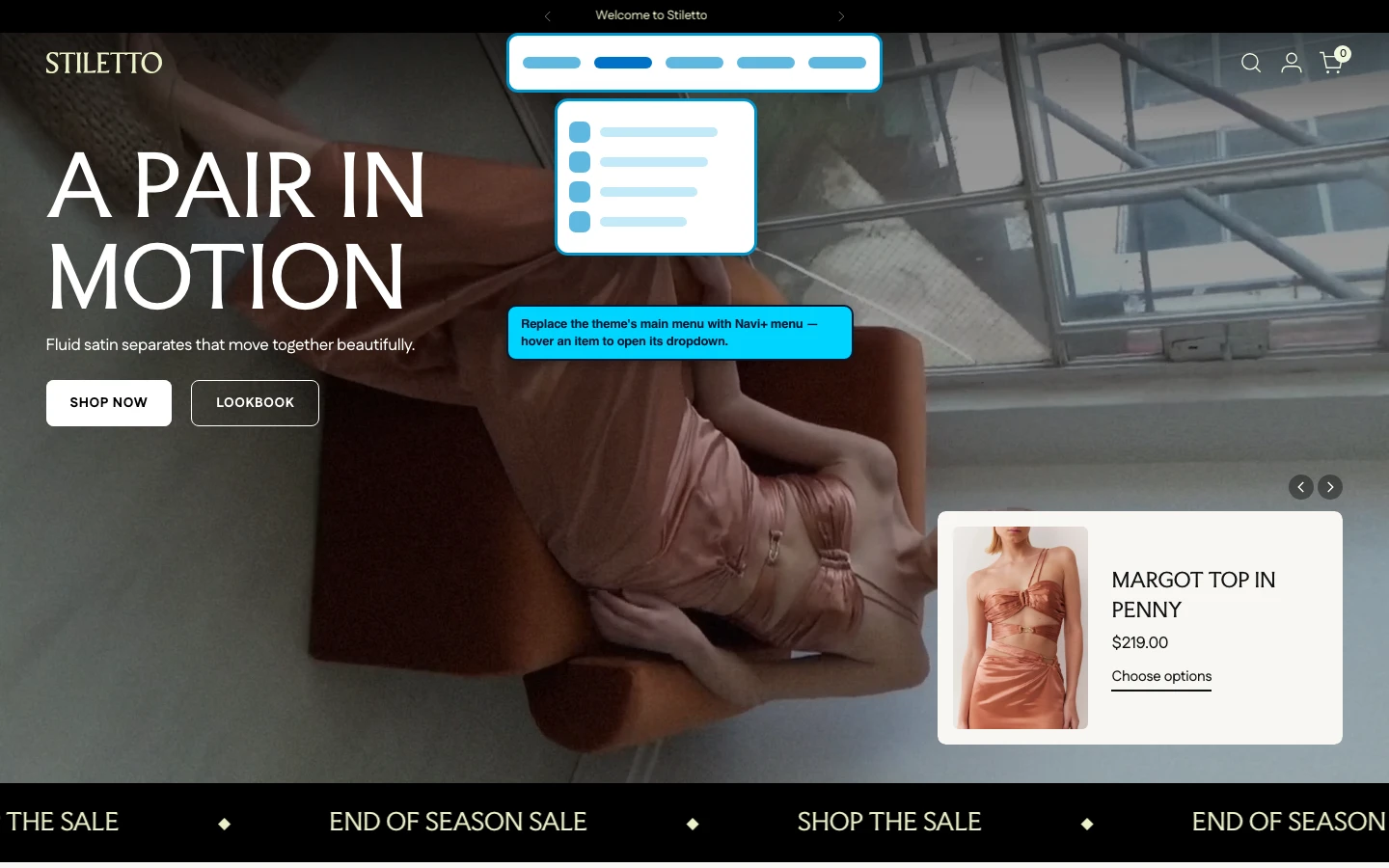 Navi+ Mega Menu replacing the desktop menu on the Stiletto Shopify theme Navi+ Mega Menu replacing the desktop menu on the Stiletto Shopify theme