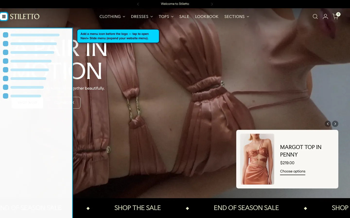 Navi+ trigger icon before the logo on the Stiletto Shopify theme Navi+ trigger icon before the logo on the Stiletto Shopify theme