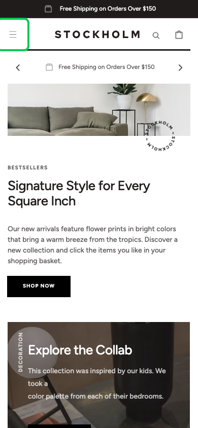 Hamburger → panel opened — Navi+ on the Stockholm Shopify theme