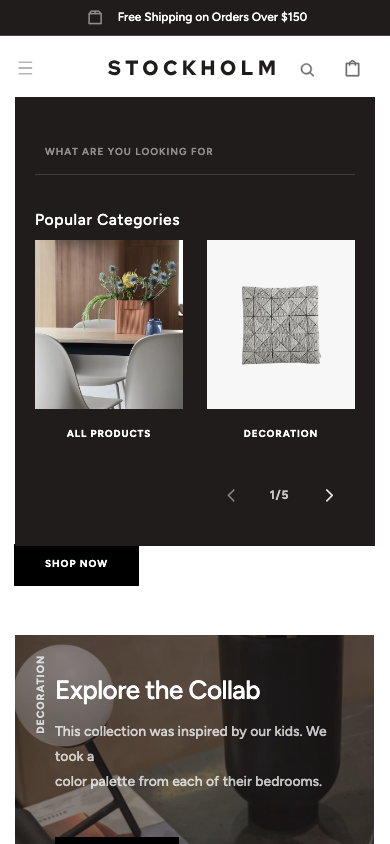 Search → panel opened — Navi+ on the Stockholm Shopify theme