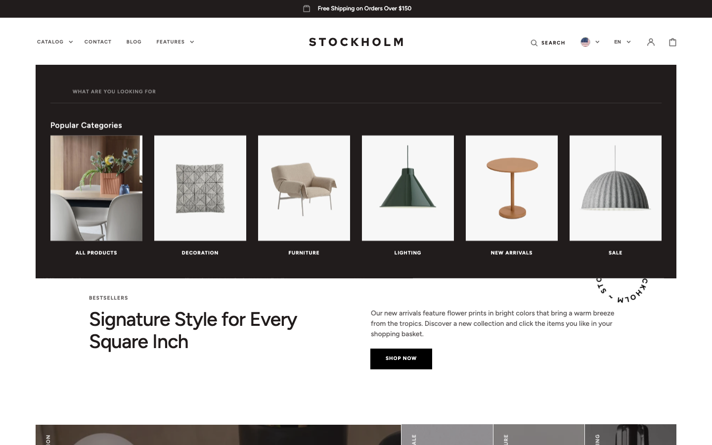 Search → panel opened — Navi+ on the Stockholm Shopify theme