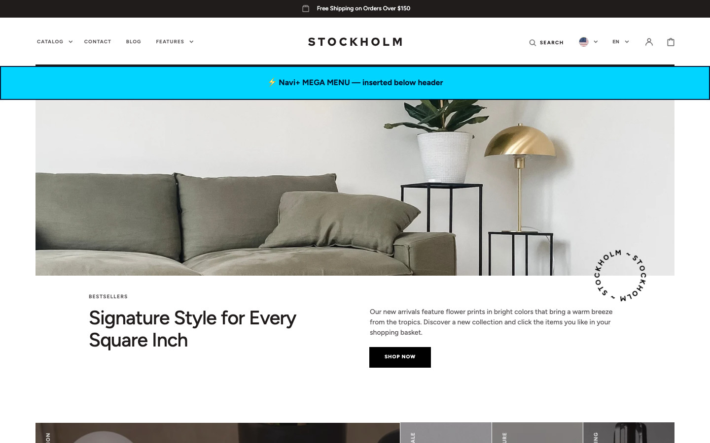 Menu inserted below header — Navi+ on the Stockholm Shopify theme