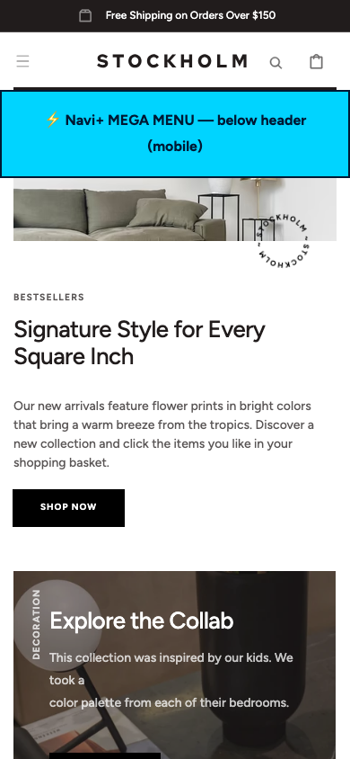 Menu inserted below header — Navi+ on the Stockholm Shopify theme
