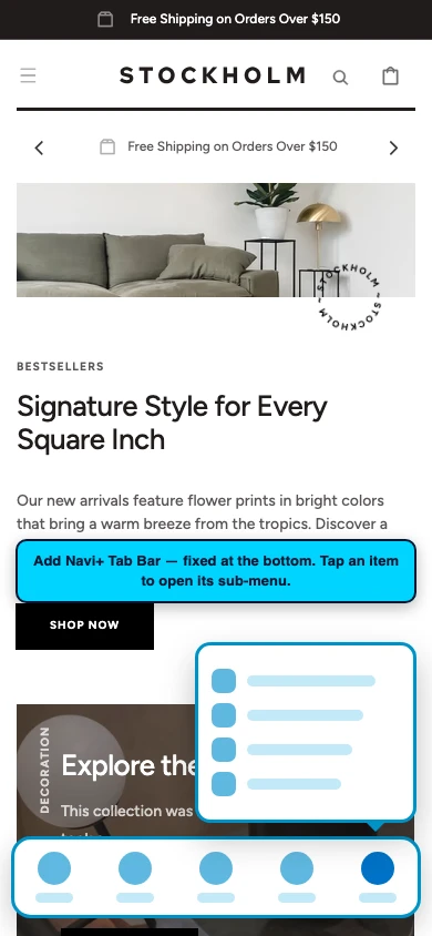 Navi+ Tab Bar on the Stockholm Shopify theme