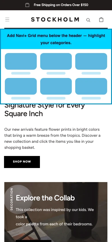 Navi+ Grid Menu on the Stockholm Shopify theme