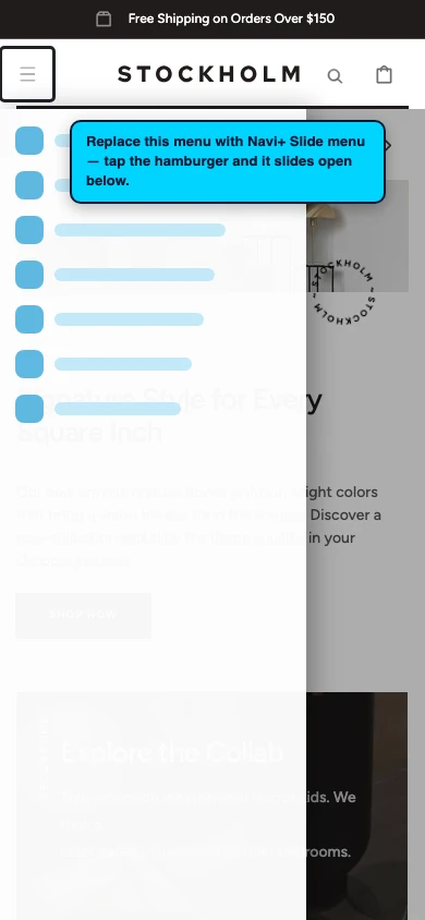 Navi+ Slide Menu on the Stockholm Shopify theme