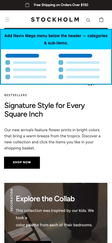Navi+ mobile Mega Menu on the Stockholm Shopify theme