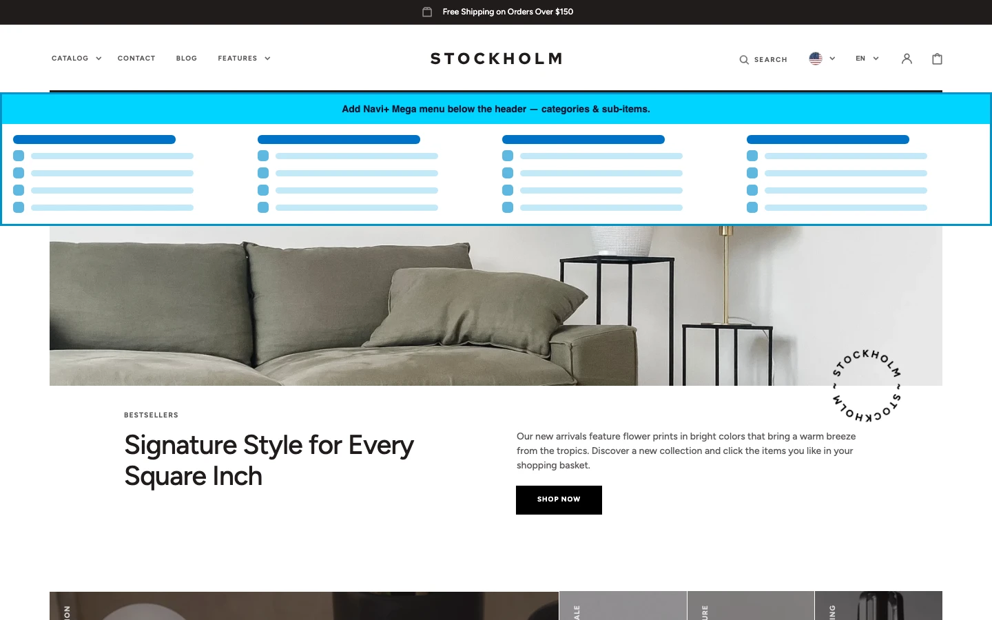 Navi+ Mega Menu inserted below the header on the Stockholm Shopify theme