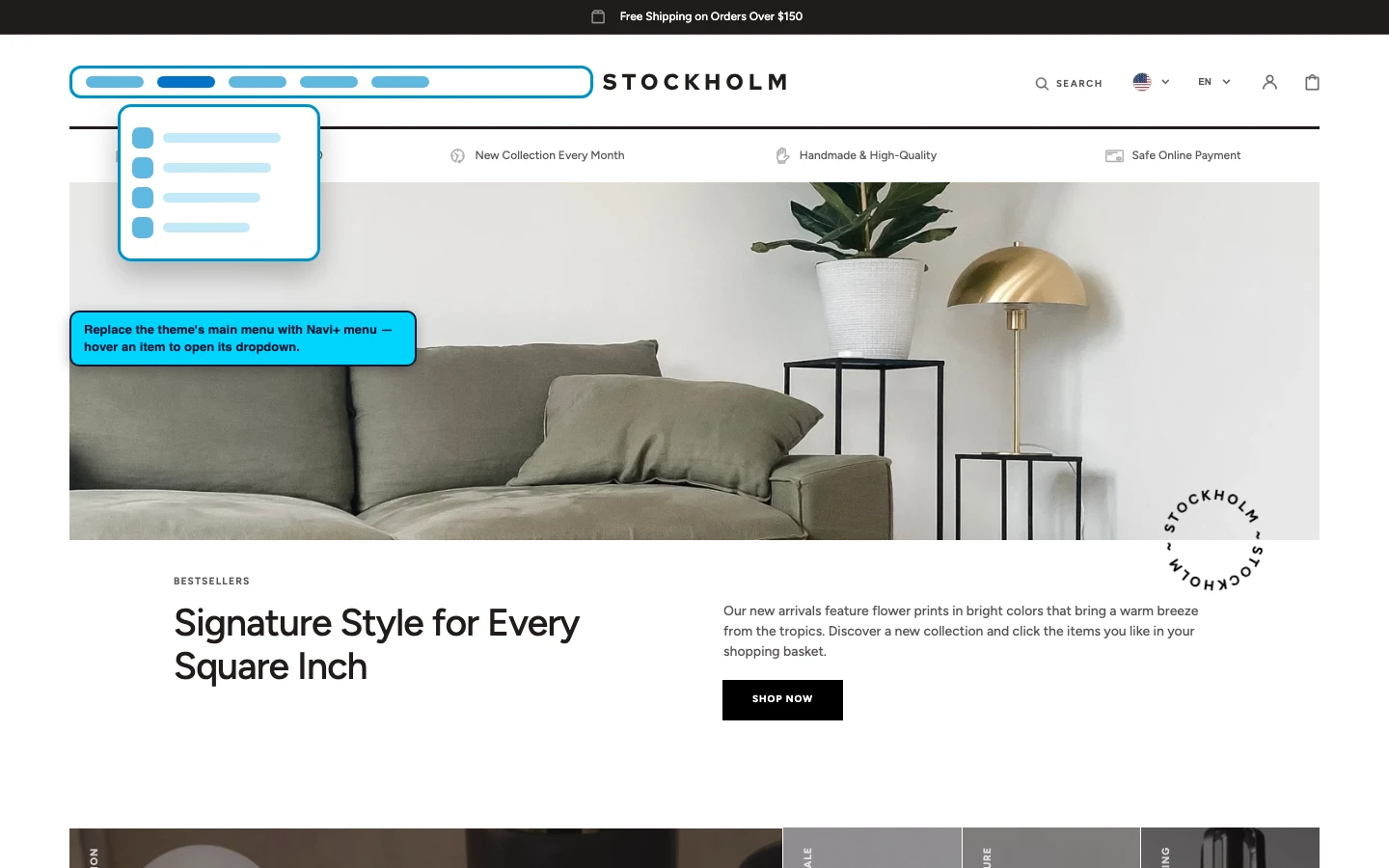 Navi+ Mega Menu replacing the desktop menu on the Stockholm Shopify theme