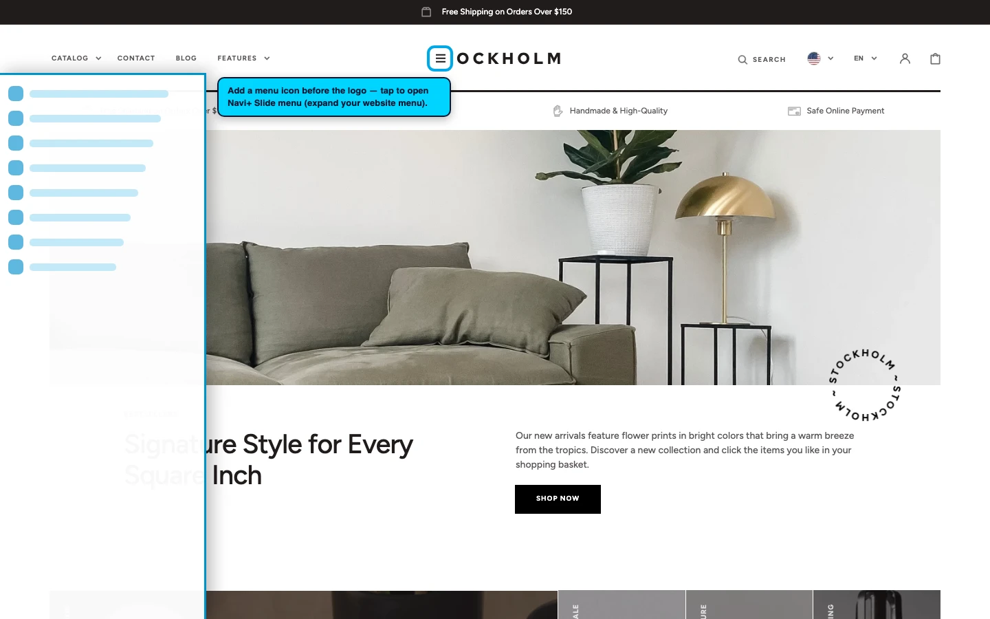 Navi+ trigger icon before the logo on the Stockholm Shopify theme