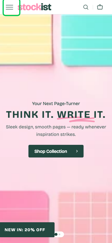Hamburger → panel opened — Navi+ on the Stockist Shopify theme Hamburger → panel opened — Navi+ on the Stockist Shopify theme