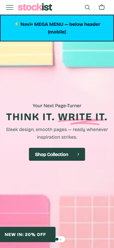 Menu inserted below header — Navi+ on the Stockist Shopify theme Menu inserted below header — Navi+ on the Stockist Shopify theme