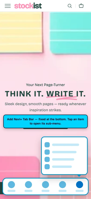 Navi+ Tab Bar on the Stockist Shopify theme Navi+ Tab Bar on the Stockist Shopify theme