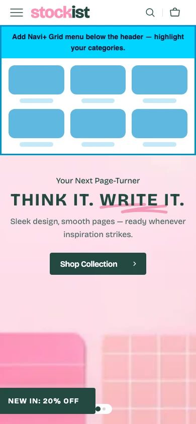 Navi+ Grid Menu on the Stockist Shopify theme Navi+ Grid Menu on the Stockist Shopify theme