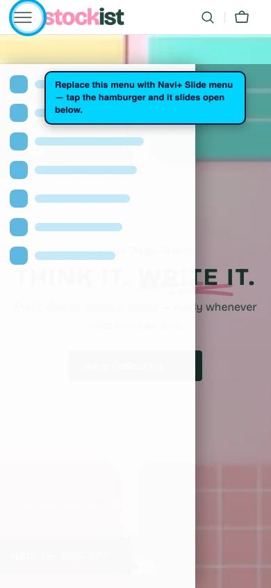 Navi+ Slide Menu on the Stockist Shopify theme Navi+ Slide Menu on the Stockist Shopify theme