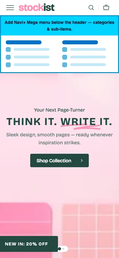 Navi+ mobile Mega Menu on the Stockist Shopify theme Navi+ mobile Mega Menu on the Stockist Shopify theme