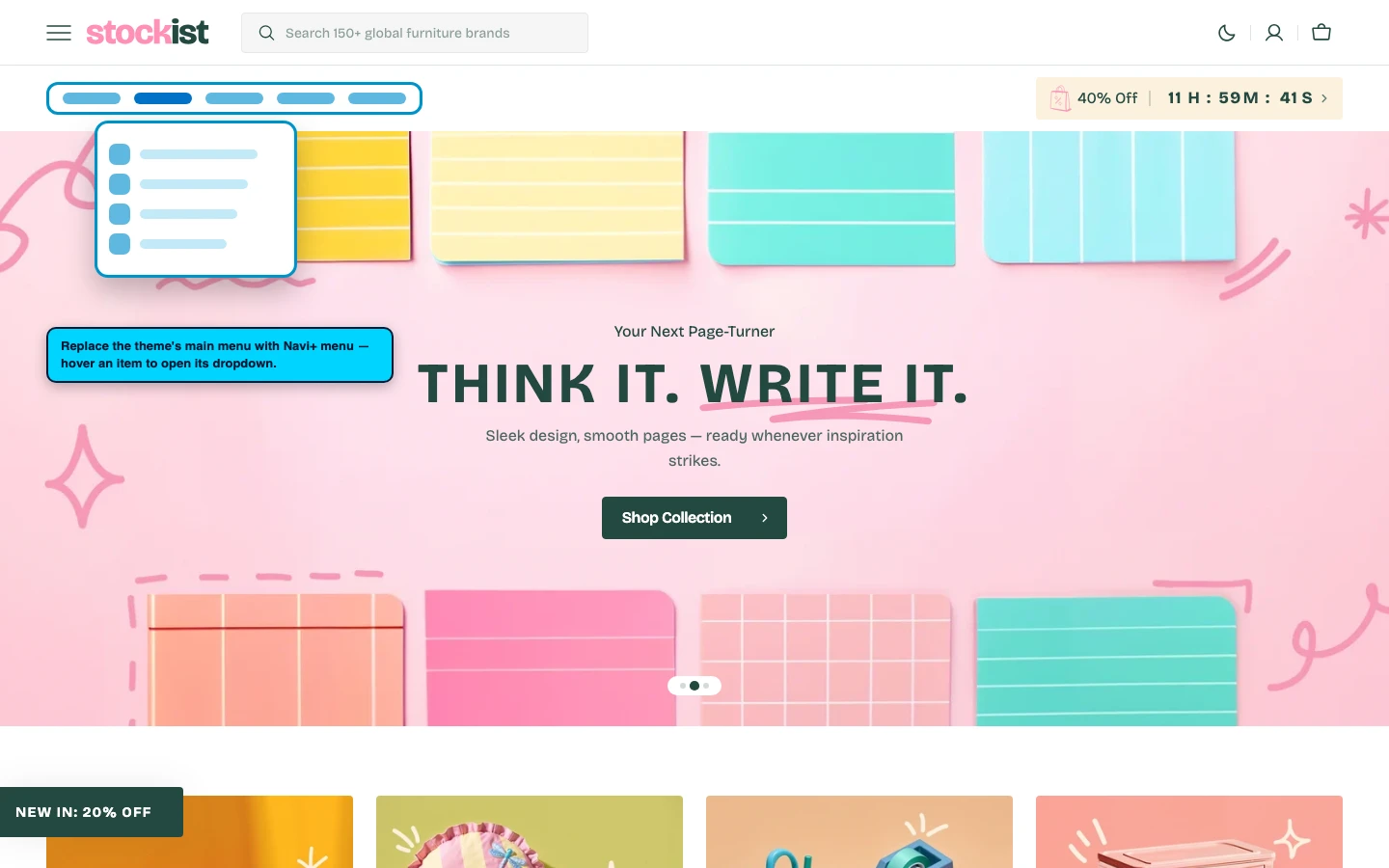 Navi+ Mega Menu replacing the desktop menu on the Stockist Shopify theme Navi+ Mega Menu replacing the desktop menu on the Stockist Shopify theme