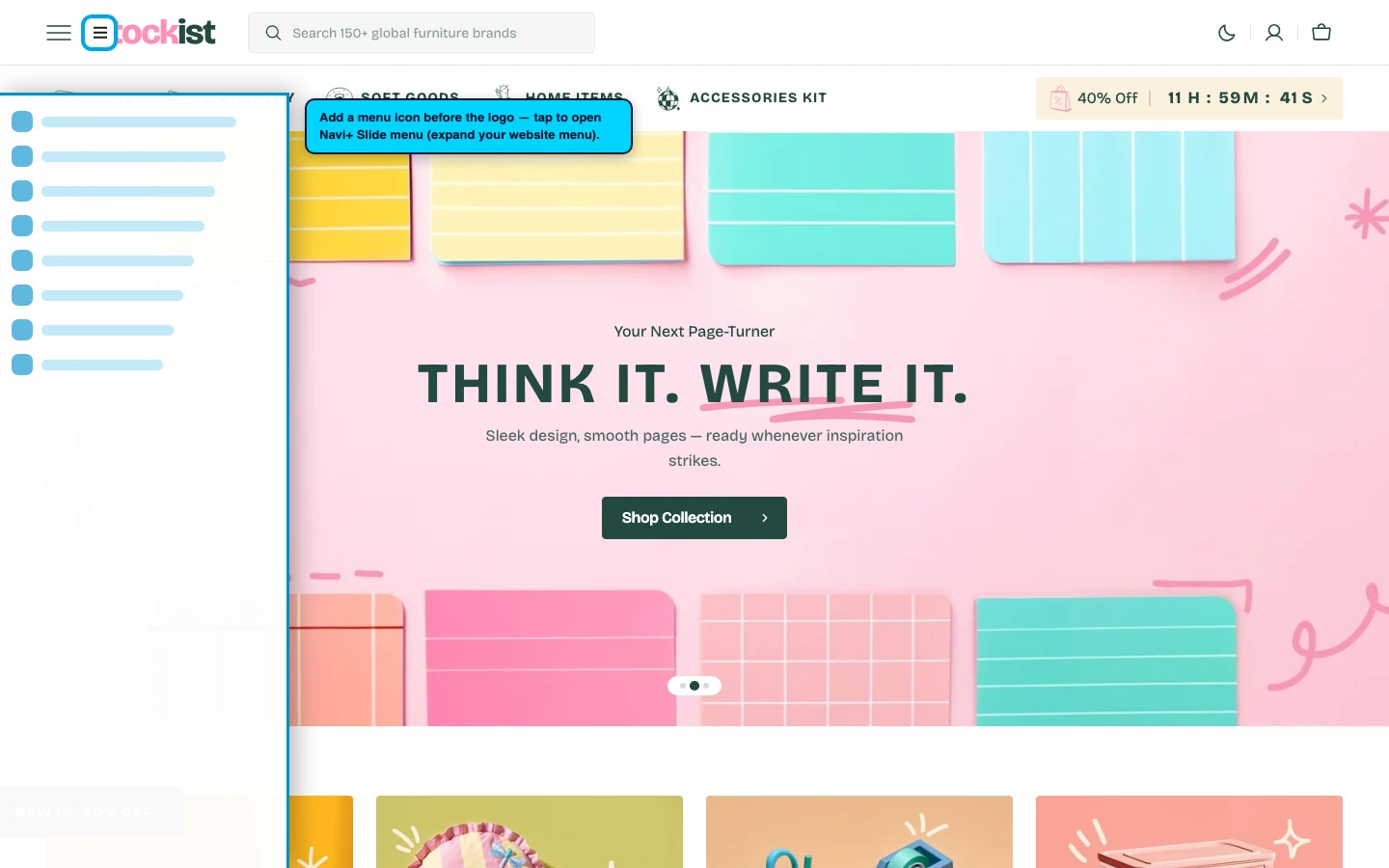 Navi+ trigger icon before the logo on the Stockist Shopify theme Navi+ trigger icon before the logo on the Stockist Shopify theme
