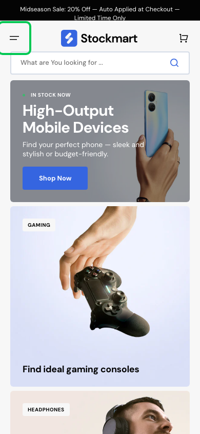 Hamburger → panel opened — Navi+ on the Stockmart Shopify theme Hamburger → panel opened — Navi+ on the Stockmart Shopify theme
