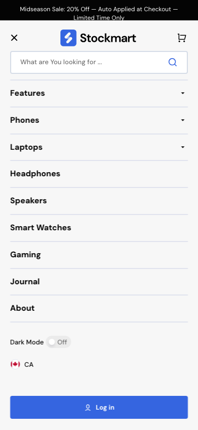 Hamburger → panel opened — Navi+ on the Stockmart Shopify theme Hamburger → panel opened — Navi+ on the Stockmart Shopify theme