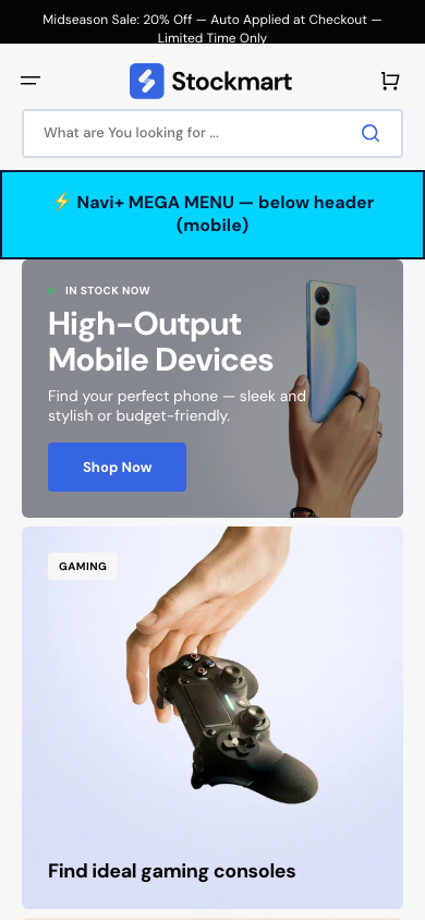 Menu inserted below header — Navi+ on the Stockmart Shopify theme Menu inserted below header — Navi+ on the Stockmart Shopify theme