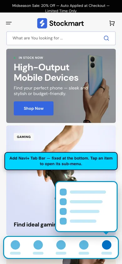 Navi+ Tab Bar on the Stockmart Shopify theme Navi+ Tab Bar on the Stockmart Shopify theme