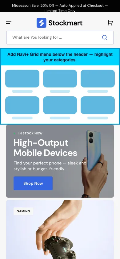 Navi+ Grid Menu on the Stockmart Shopify theme Navi+ Grid Menu on the Stockmart Shopify theme