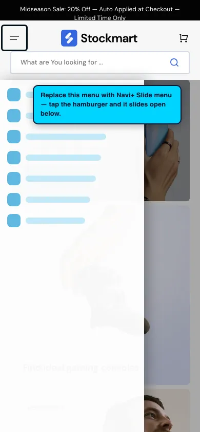 Navi+ Slide Menu on the Stockmart Shopify theme Navi+ Slide Menu on the Stockmart Shopify theme