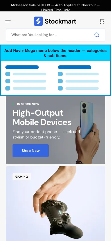 Navi+ mobile Mega Menu on the Stockmart Shopify theme Navi+ mobile Mega Menu on the Stockmart Shopify theme