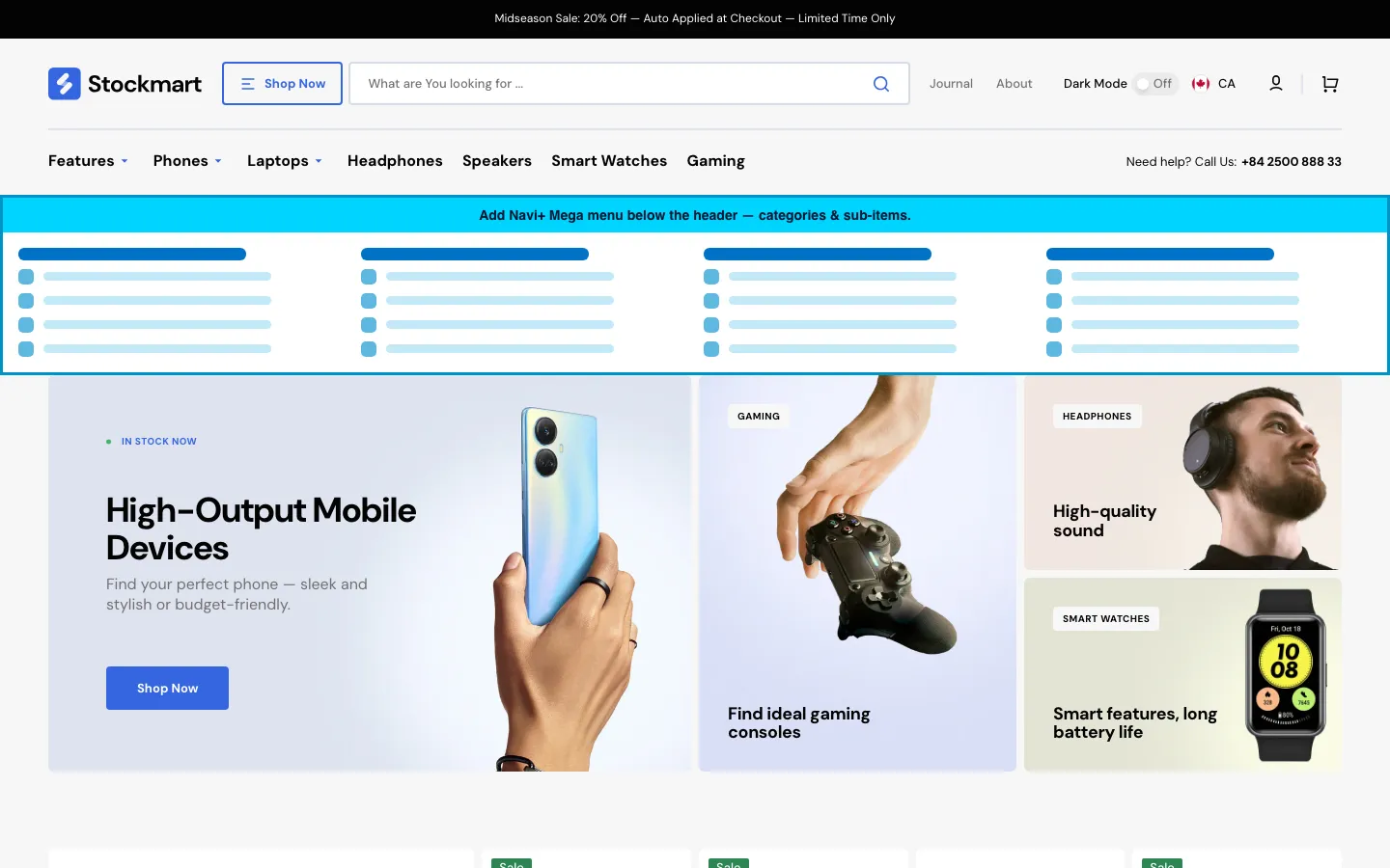 Navi+ Mega Menu inserted below the header on the Stockmart Shopify theme Navi+ Mega Menu inserted below the header on the Stockmart Shopify theme