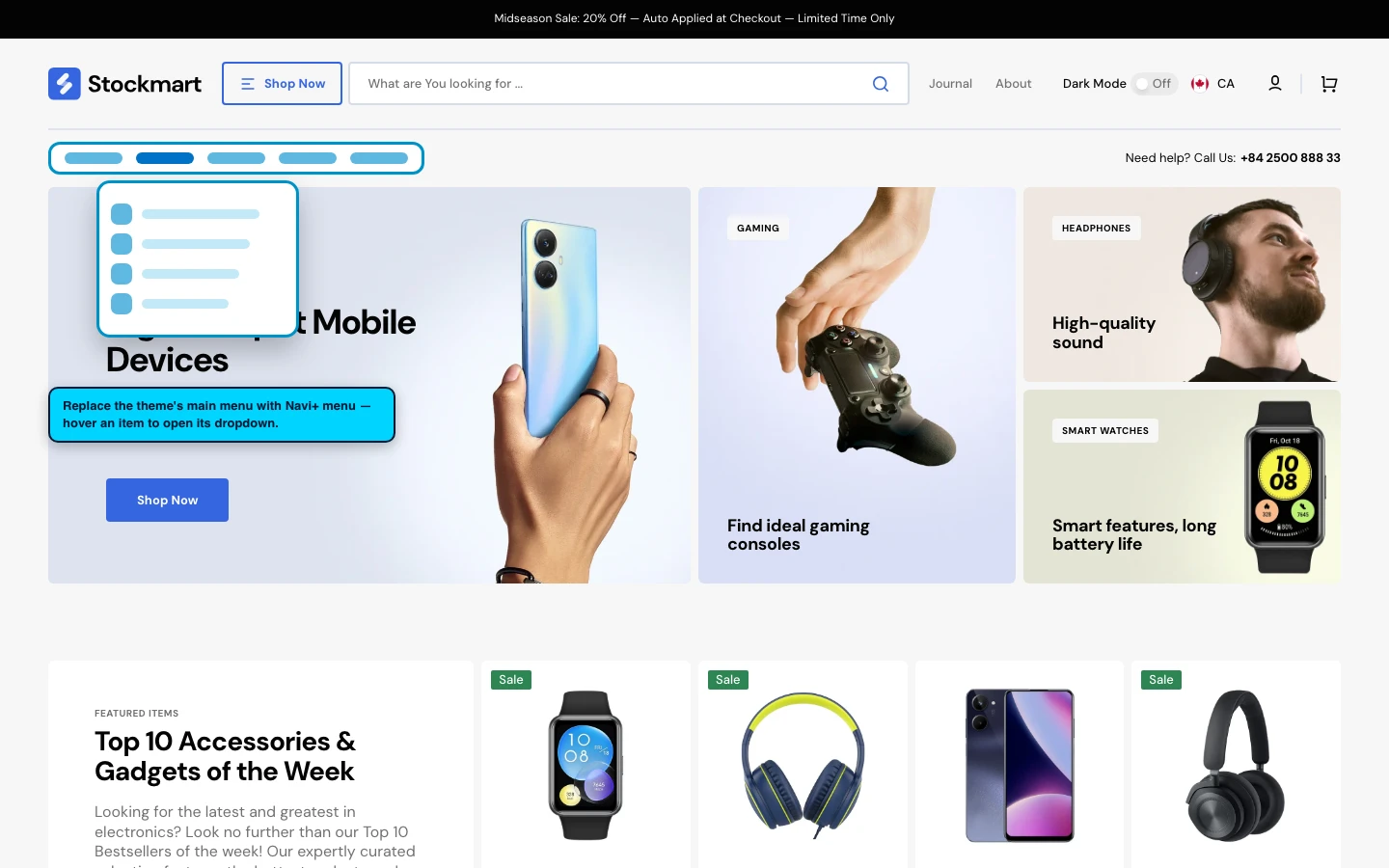 Navi+ Mega Menu replacing the desktop menu on the Stockmart Shopify theme Navi+ Mega Menu replacing the desktop menu on the Stockmart Shopify theme