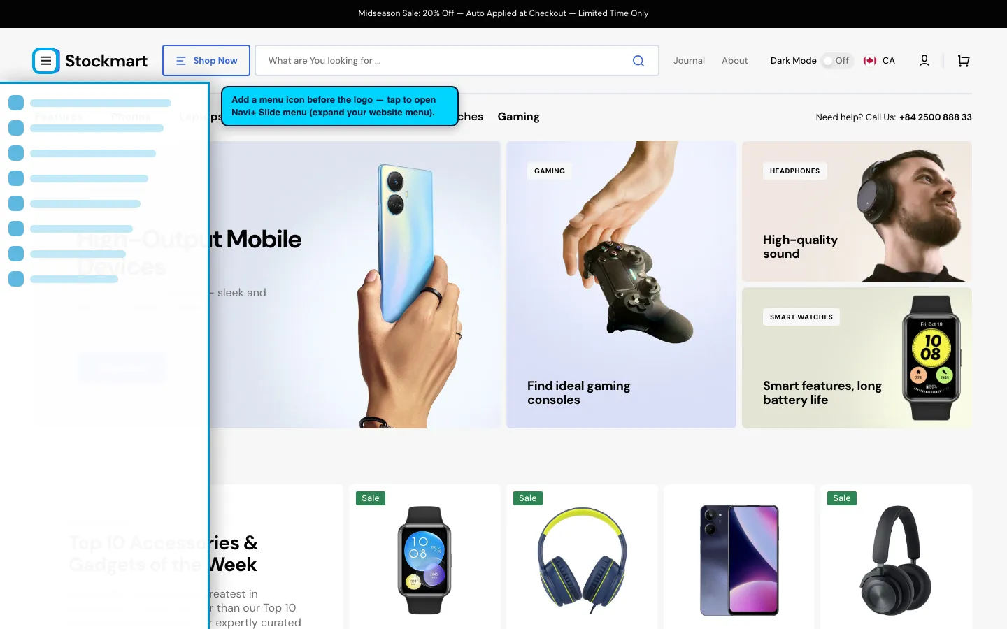 Navi+ trigger icon before the logo on the Stockmart Shopify theme Navi+ trigger icon before the logo on the Stockmart Shopify theme