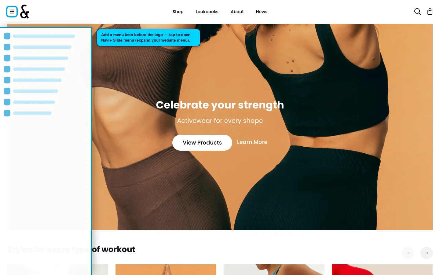 Navi+ trigger icon before the logo on the Story Shopify theme