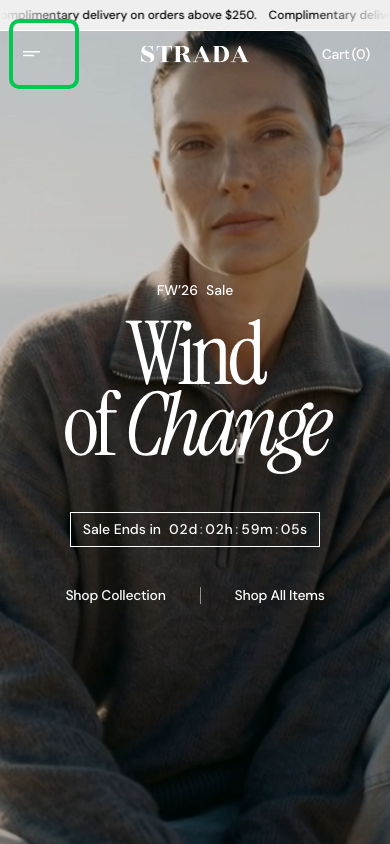 Hamburger → panel opened — Navi+ on the Strada Shopify theme Hamburger → panel opened — Navi+ on the Strada Shopify theme