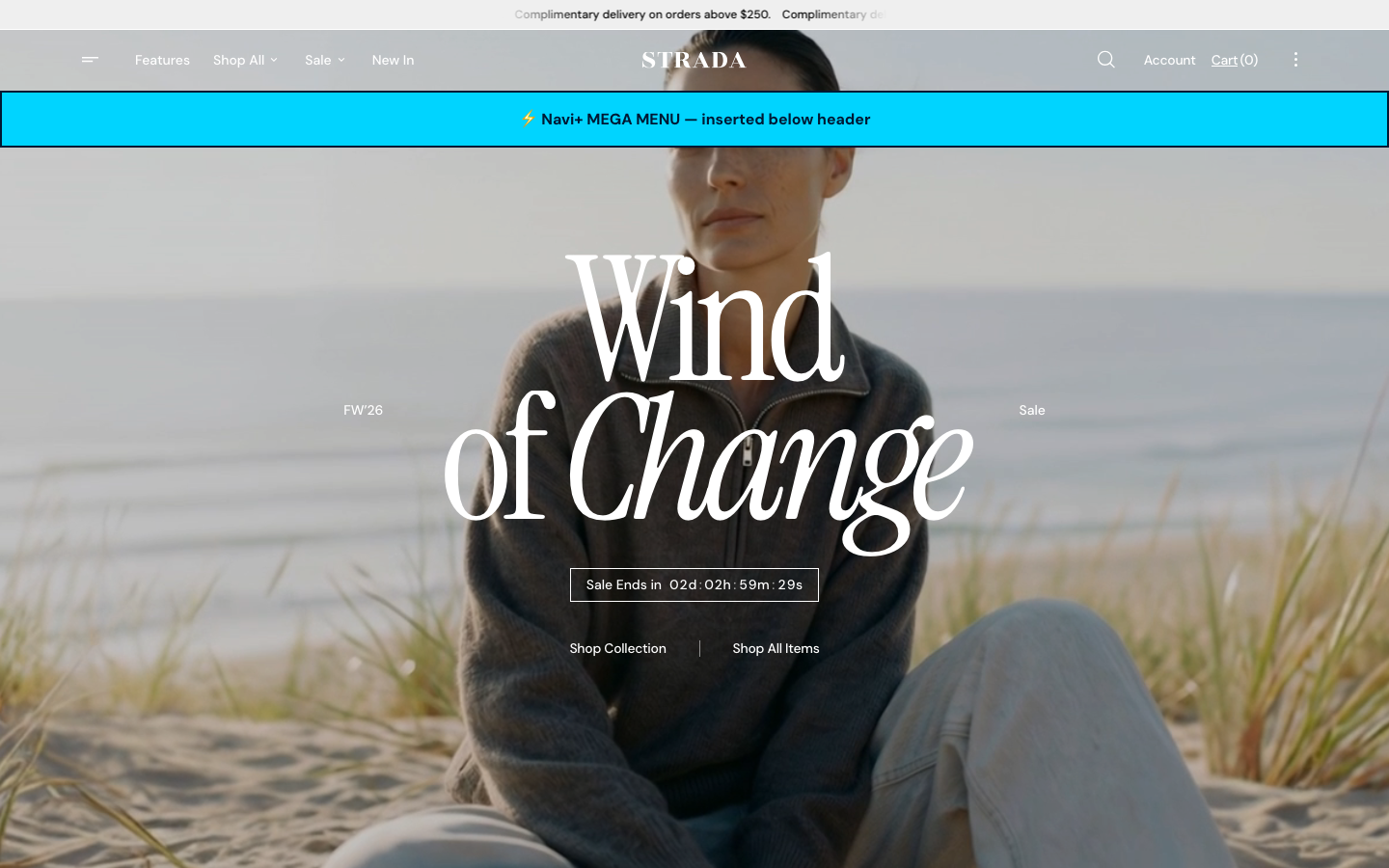 Menu inserted below header — Navi+ on the Strada Shopify theme Menu inserted below header — Navi+ on the Strada Shopify theme
