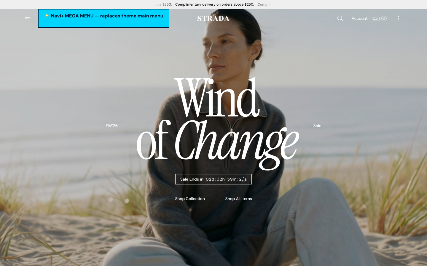 Replace main menu — Navi+ on the Strada Shopify theme Replace main menu — Navi+ on the Strada Shopify theme