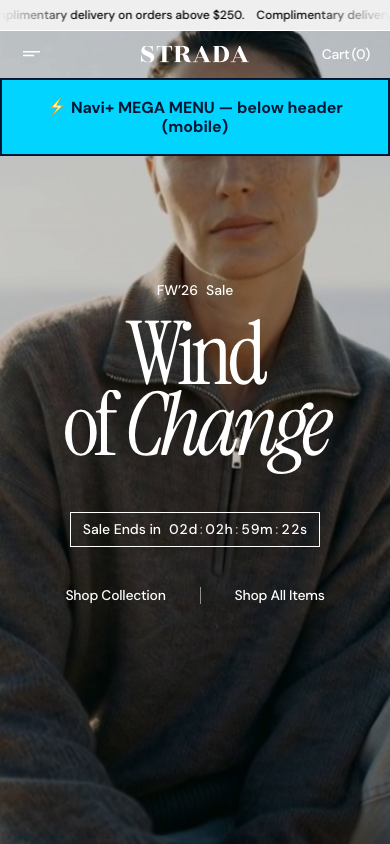 Menu inserted below header — Navi+ on the Strada Shopify theme Menu inserted below header — Navi+ on the Strada Shopify theme