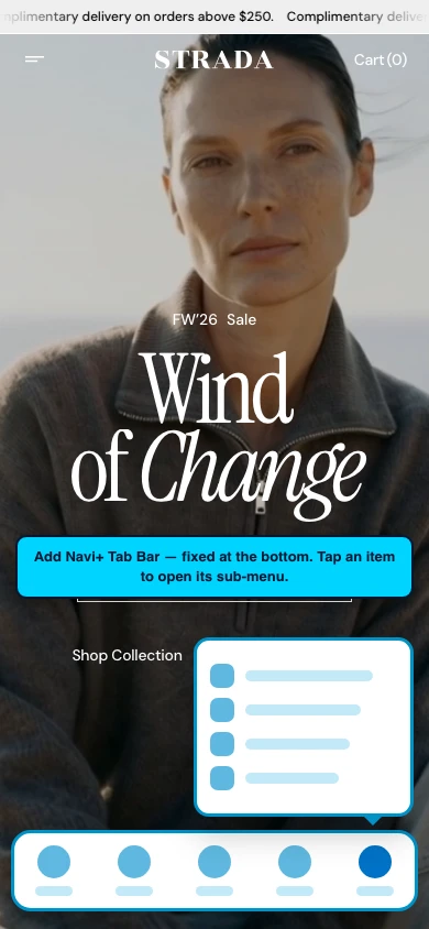 Navi+ Tab Bar on the Strada Shopify theme Navi+ Tab Bar on the Strada Shopify theme