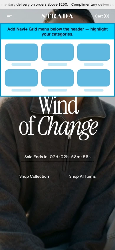 Navi+ Grid Menu on the Strada Shopify theme Navi+ Grid Menu on the Strada Shopify theme